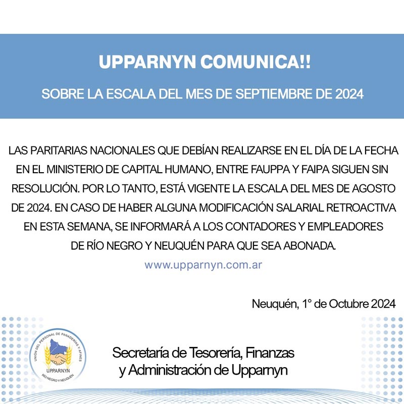 Comunicado UPPARNyN sobre la Escala del mes de Septiembre 2024